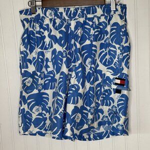 Tommy Hilfiger Mens Medium Blue White Tropical Hula Girl Print Swim Short Trunks